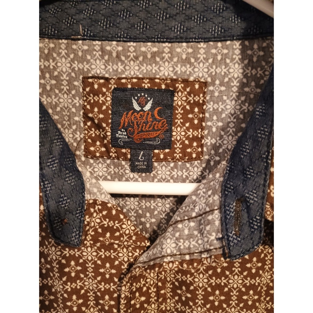 Moon Shine Western Shirt Mens Large Brown Saw Tooth Pearl Snap Rodeo Vintage
